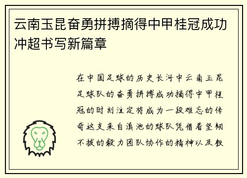 云南玉昆奋勇拼搏摘得中甲桂冠成功冲超书写新篇章